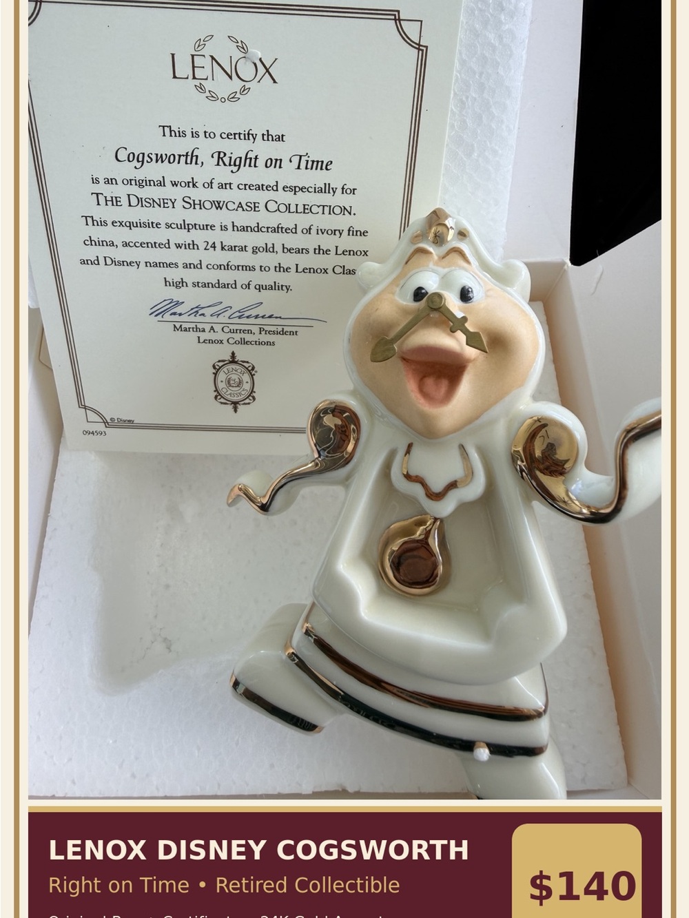 Classic White and Gold Disney-Inspired Cogsworth Figurine